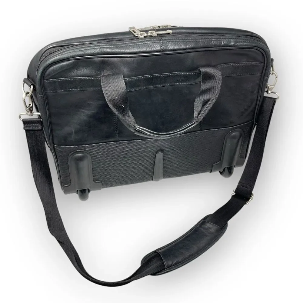 Solo New York Walker Black Leather Briefcase Rolling Travel Luggage Carry On Bag